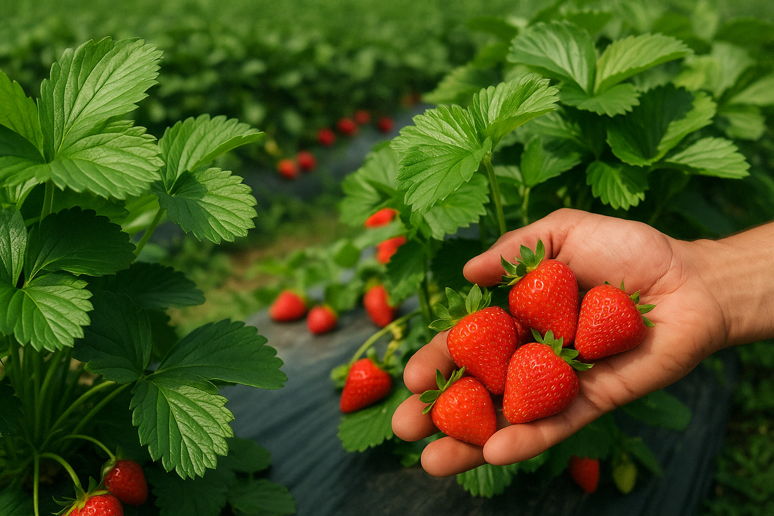 Hand holding freshly picked strawberries in a sustainable agriculture field using high-quality fertilizers and pesticides from Logic Agriculture.